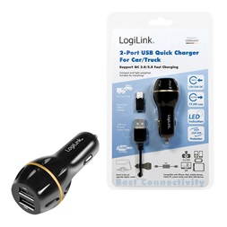 Logilink PA0201 USB autós töltő, 2x USB port QC technológiával, 19,5W