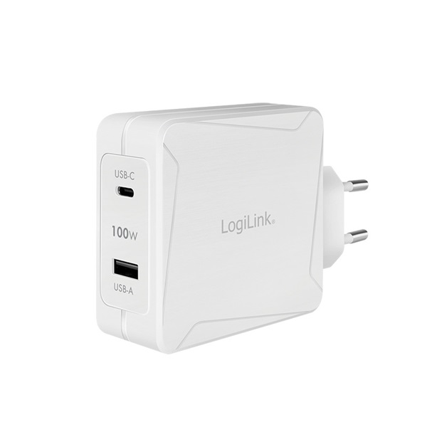 Logilink PA0281 USB fali töltő, 2 port, USB-AF és USB-CF, 100 W, PD-vel, fehér