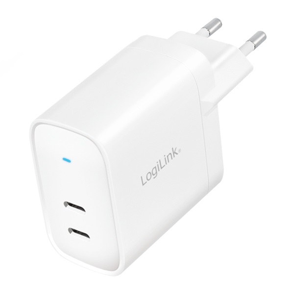 Logilink PA0283 USB fali töltő, GaN, 2 portos, 2x USB-CF, 65 W, PD-vel, fehér
