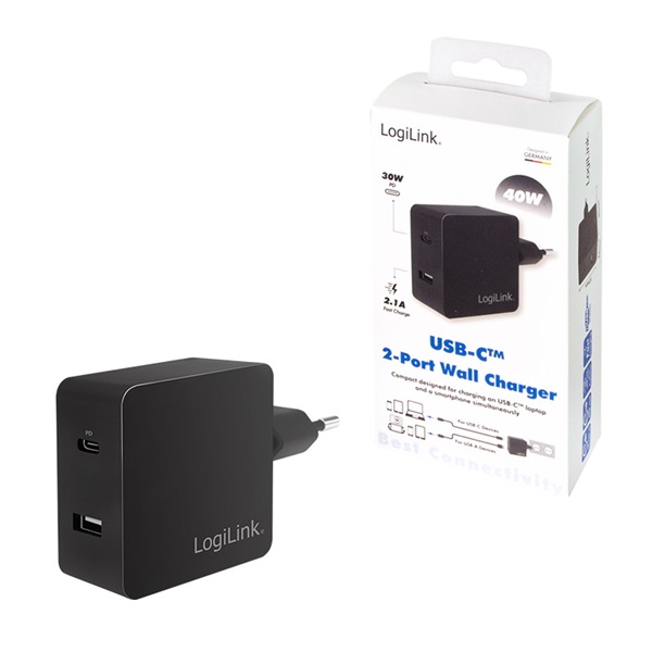 Logilink PA0219 USB hálózati adapter, 1x USB-C port (PD) és 1x USB-A port, 40 W