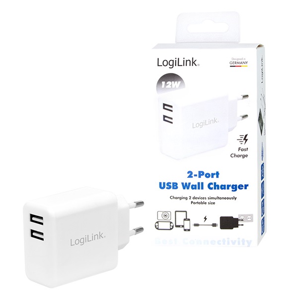 Logilink PA0210W USB hálózati adapter, 2x USB-Port, 12W, fehér