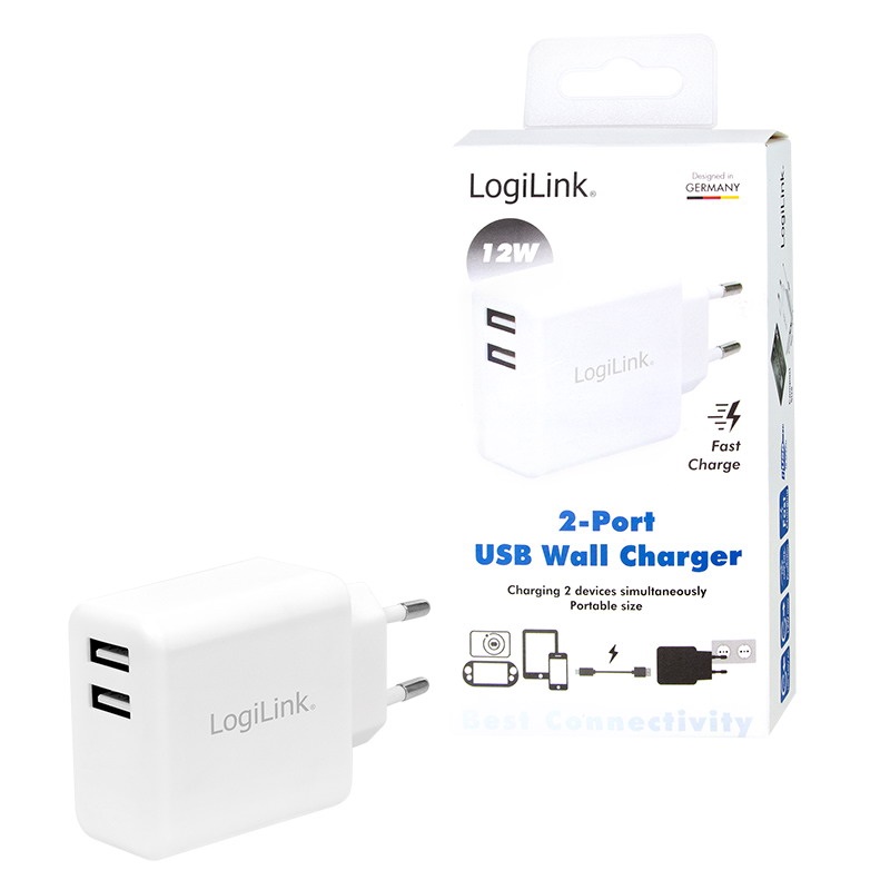 Logilink PA0210W USB hálózati adapter, 2x USB-Port, 12W, fehér