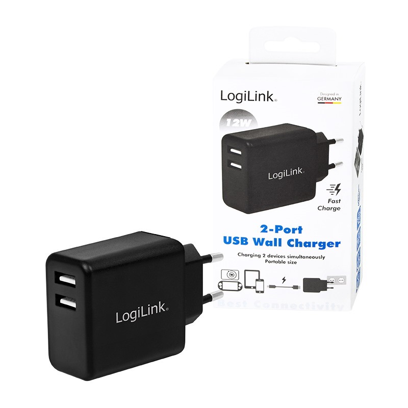 Logilink PA0210 USB hálózati adapter, 2x USB-Port, 12W, fekete