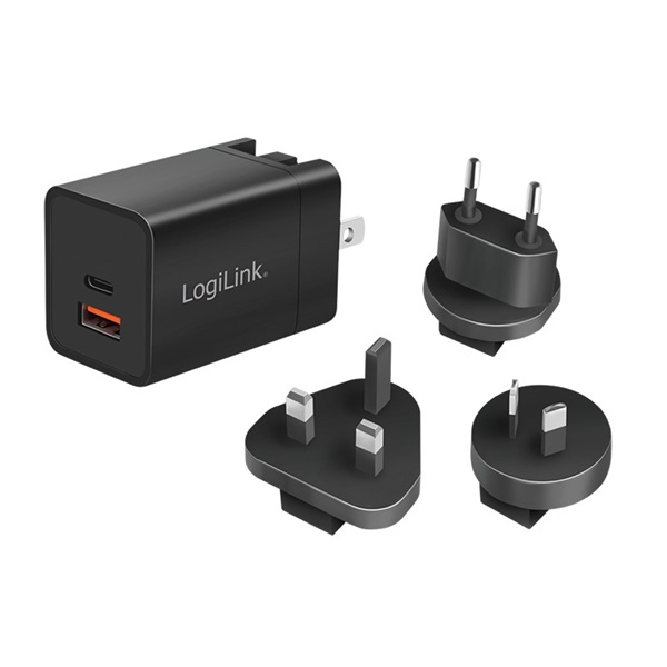 Logilink PA0301 USB utazási töltő, GaN, 2 port, USB-AF és USB-CF, 30 W, PD-vel