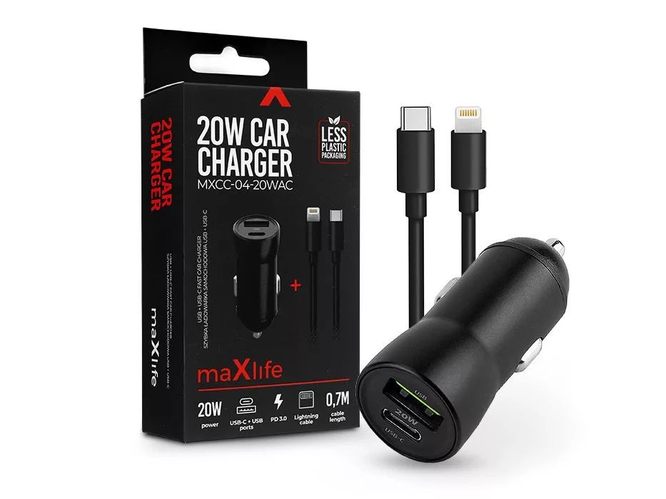 Maxlife ML269386 20W USB/USB C fekete szivargyújtós töltő adapter + Type-C - Lightning kábel
