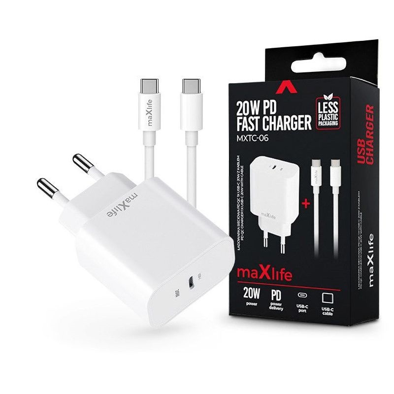 Maxlife ML738393 MXTC-06 PD+QC 20W Type-C + Type-C/Type-C kábel fehér hálózati gyorstöltő adapter
