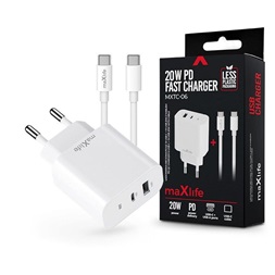 Maxlife ML738409 MXTC-06 PD+QC 20W USB+USB-C+USB-C/USB-C kábel fehér hálózati gyorstöltő adapter