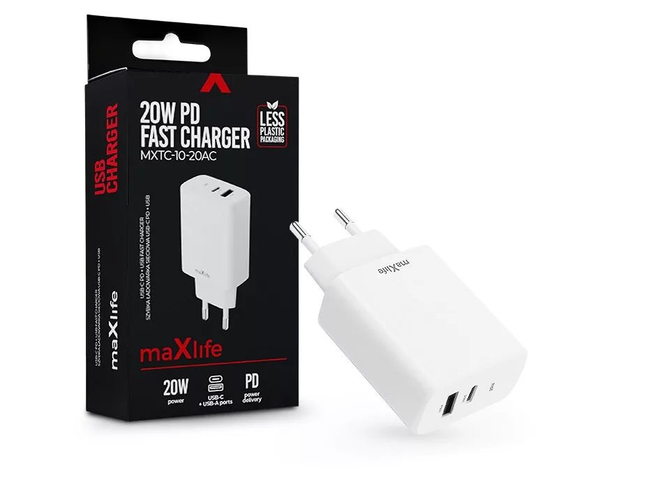 Maxlife ML789838 PD+QC 20W Type-C + USB fehér gyorstöltő adapter