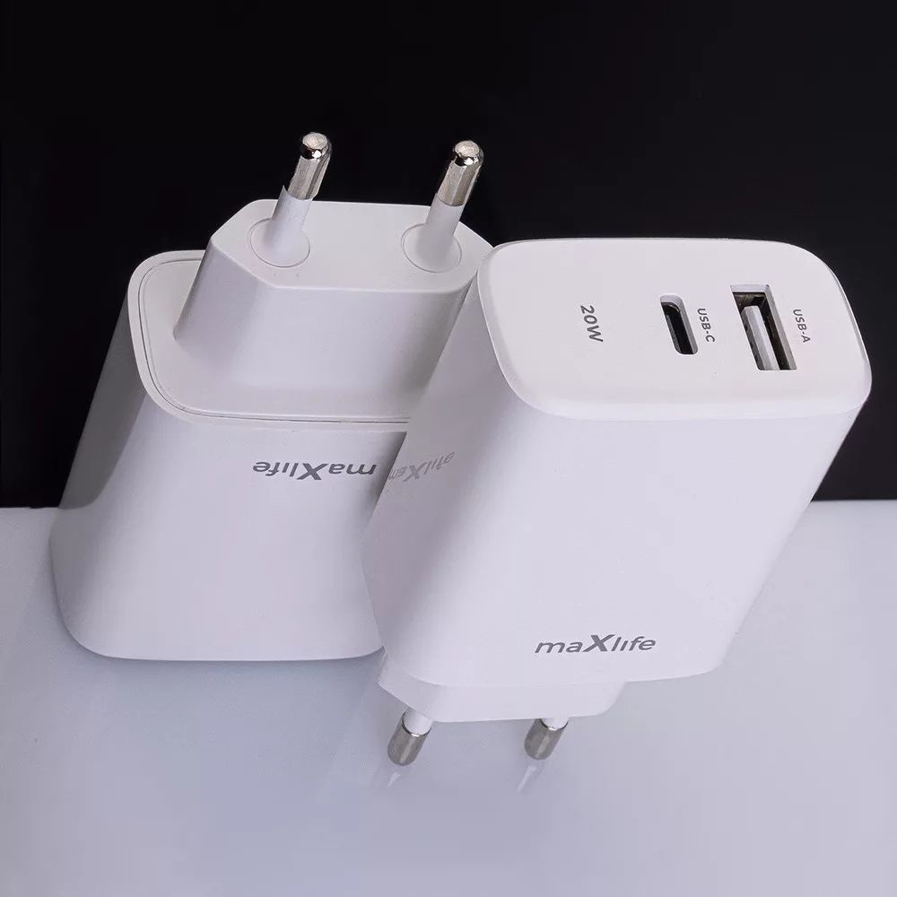 Maxlife ML789838 PD+QC 20W Type-C + USB fehér gyorstöltő adapter