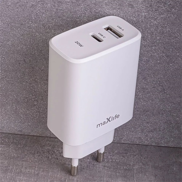 Maxlife ML789838 PD+QC 20W Type-C + USB fehér gyorstöltő adapter