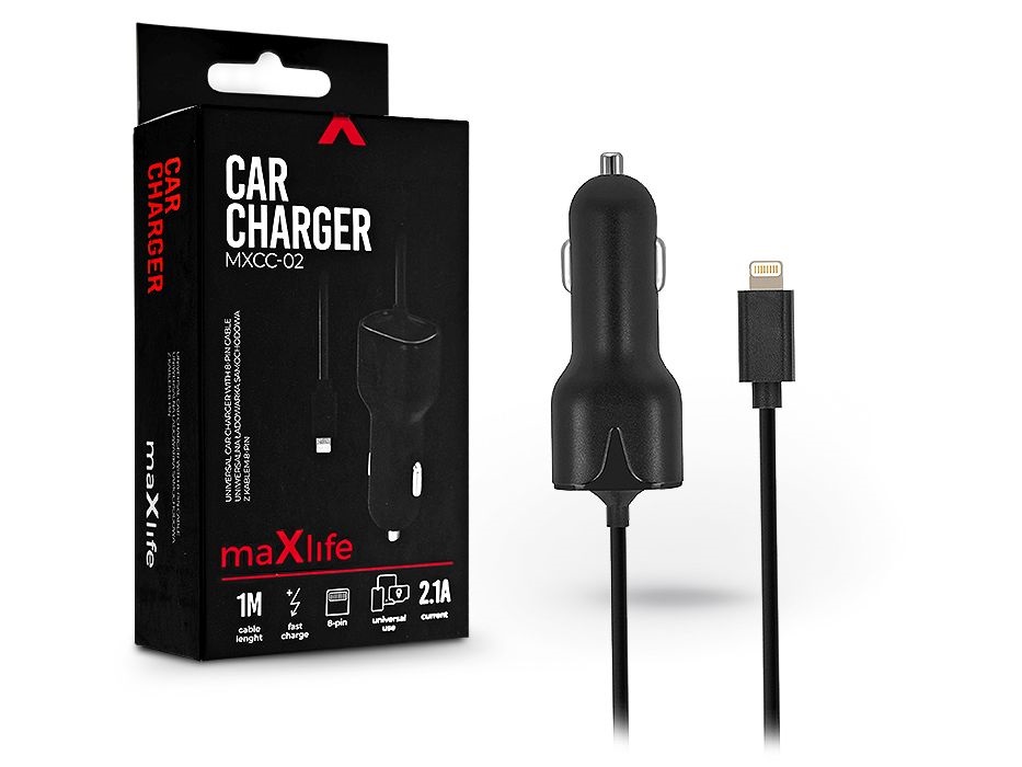 Maxlife TF-0015 5V/2,1A 1m Lightning fekete szivargyújtó töltő