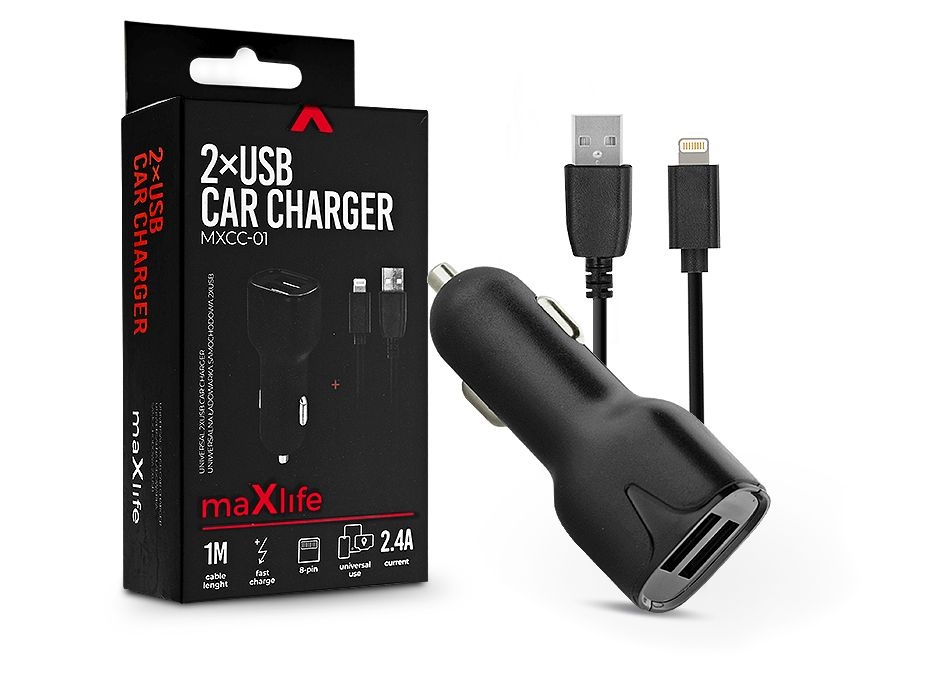 Maxlife TF-0016 5V/2,4A 1m Lightning/2xUSB fekete szivargyújtó töltő