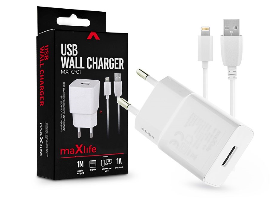 Maxlife TF-0101 univerzális fehér hálózati töltő adapter + 1m Lightning töltő és adatkábel