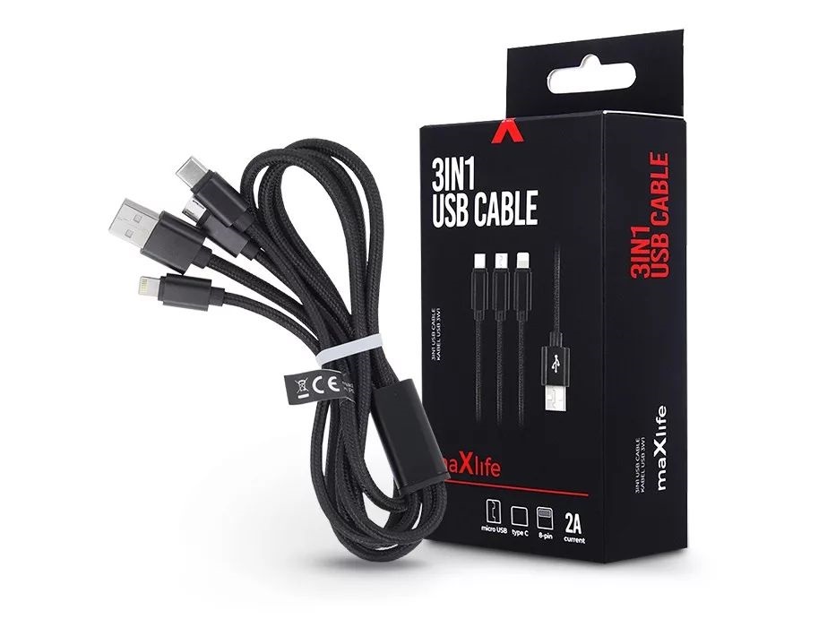 Maxlife TF-0153 3in1 1m Lightning/microUSB/Type-C adat- és töltőkábel