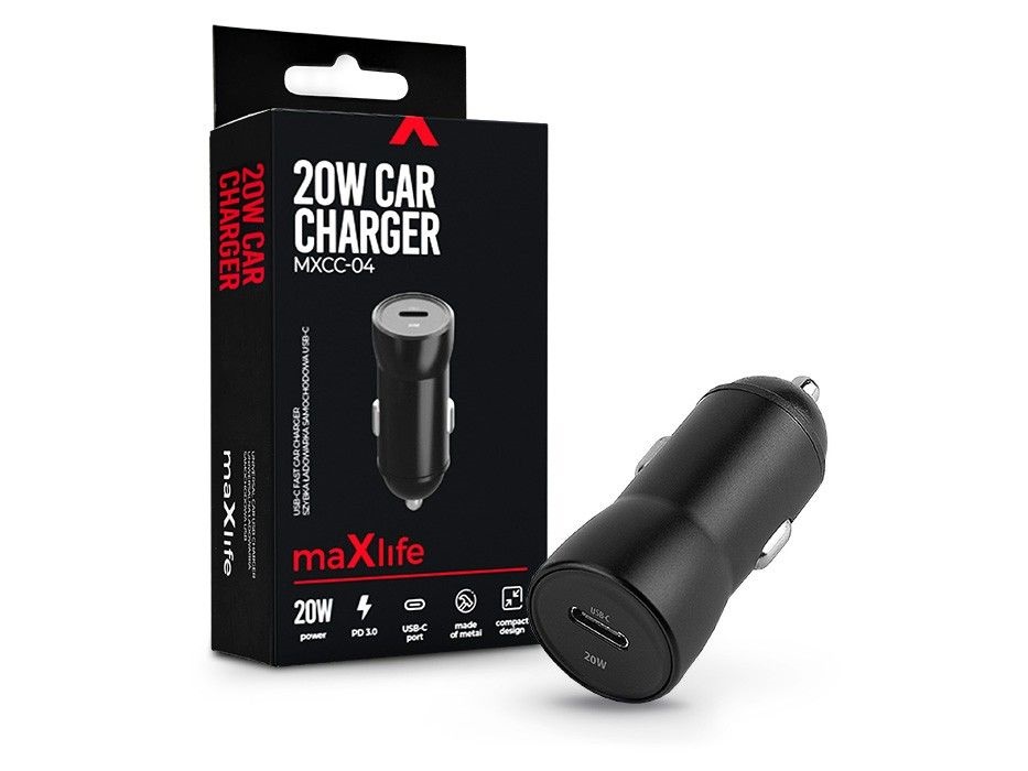 Maxlife TF-0165 Type C 20W PD3.0 fekete szivargyújtós gyorstöltő adapter