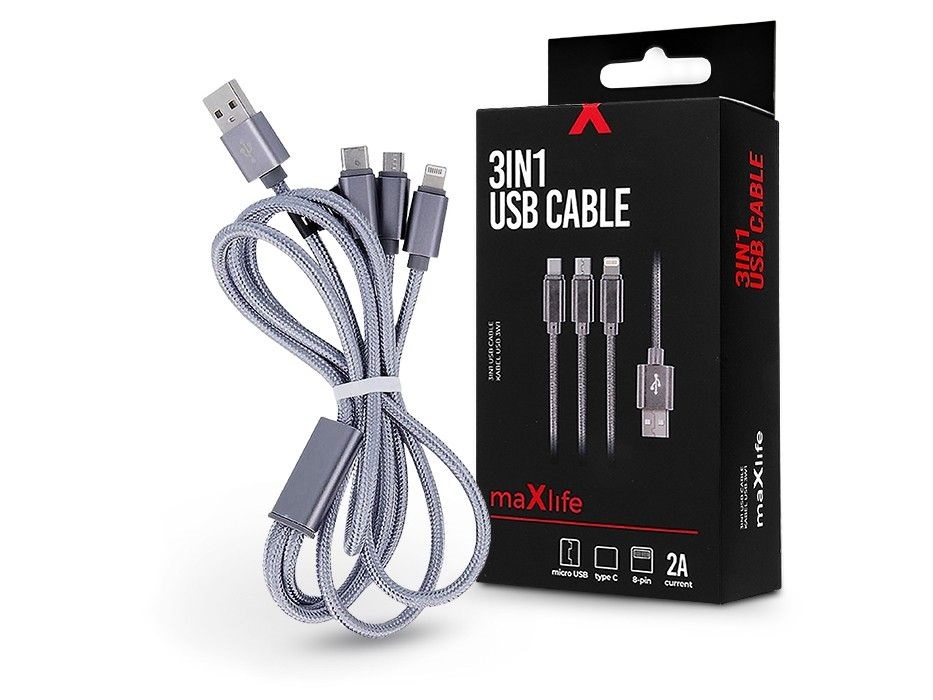 Maxlife TF-0168 1m 3in1 Lightning/microUSB/Type C 2A ezüst adat- és töltőkábel