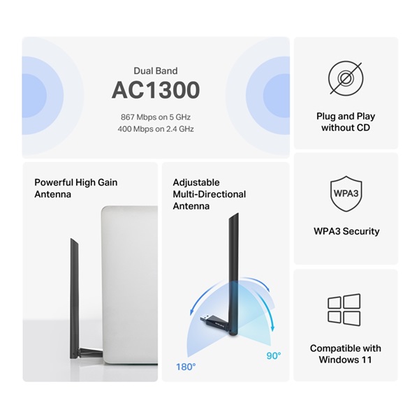 Mercusys MA30H AC1300 nagy teljesítményű vezeték nélküli kétsávos hálózati fekete USB adapter - R