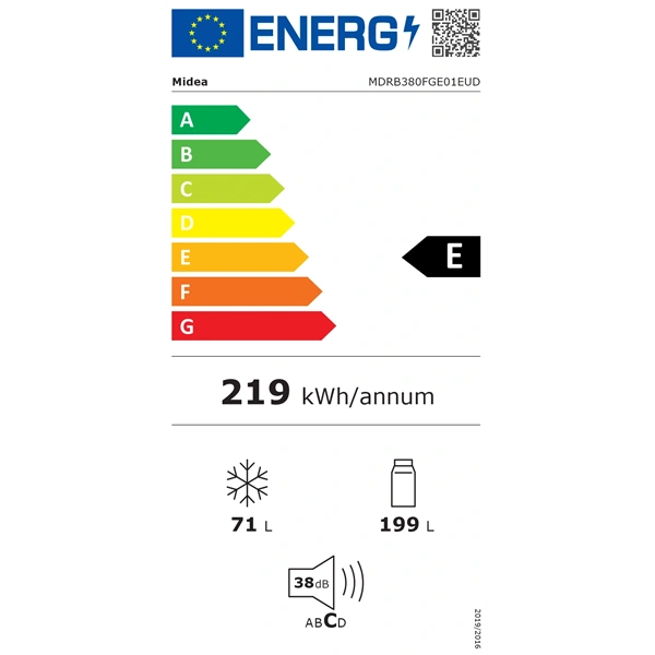 Midea MDRB380FGE01EUD fehér, alulfagyasztós, Hűtő: 199L, Fagyasztó:71L, No frost hűtőszekrény