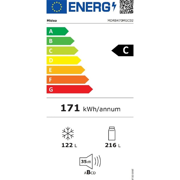 Midea MDRB470MGC02 inox, alulfagyasztós, Hűtő:216L, Fagyasztó:122L, No frost hűtőszekrény (Újszerű)