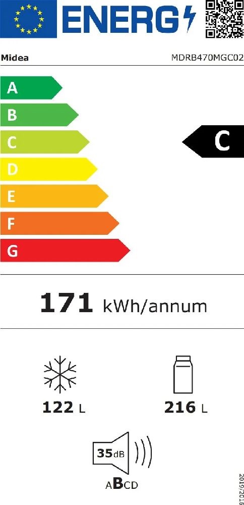 Midea MDRB470MGC02 inox, alulfagyasztós, Hűtő:216L, Fagyasztó:122L, No frost hűtőszekrény (Újszerű)