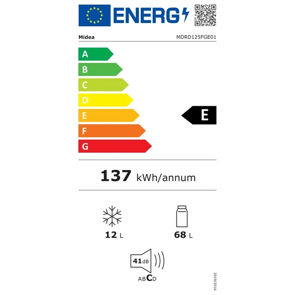 Midea MDRD125FGE01 fehér, egyajtós, Hűtő:68L, Fagyasztó:12L, hűtőszekrény