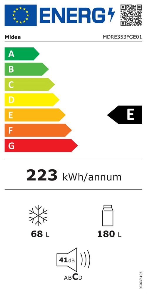 Midea MDRE353FGE01 alulfagyasztós, beépíthető, Hűtő:180L, Fagyasztó:68L, No frost hűtőszekrény