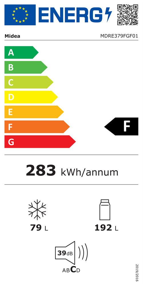 Midea MDRE379FGF01 alulfagyasztós, beépíthető, Hűtő:192L, Fagyasztó:79L, hűtőszekrény