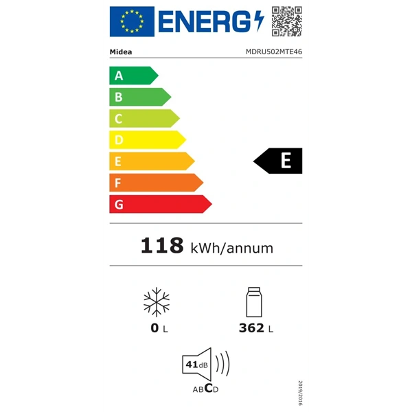 Midea MDRU502MTE46 inox, egyajtós, Hűtő:362L, No frost hűtőszekrény