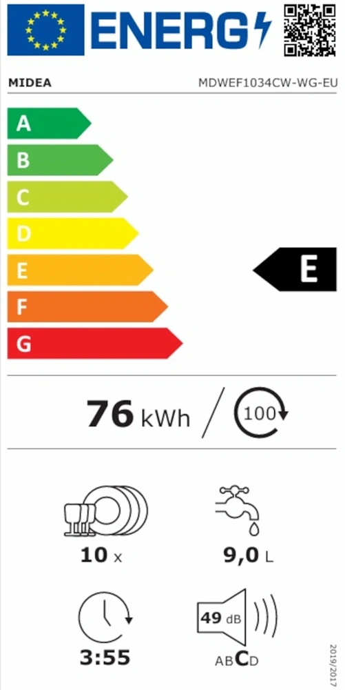 Midea MDWEF1034CW-WG-EU fehér, programok száma: 8, szabadonálló, 10 terítékes mosogatógép