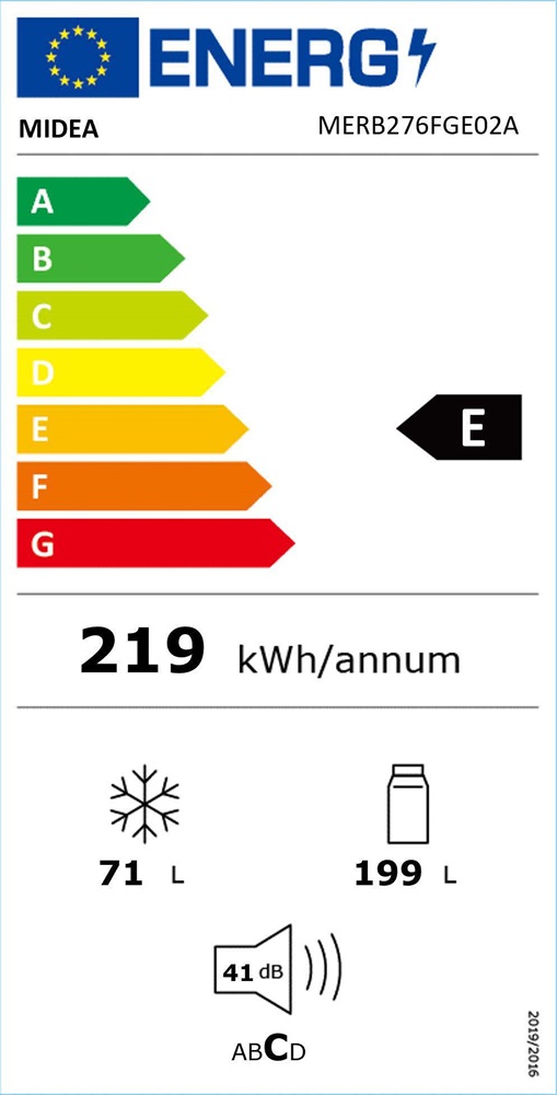 Midea MERB276FGE02A inox, alulfagyasztós, Hűtő:199L, Fagyasztó:71L, No frost hűtőszekrény