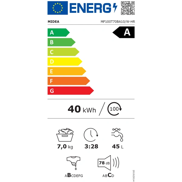 Midea MF100T70BA10/W-HR fehér, felültöltős, max.1200ford., 7 kg, mosógép
