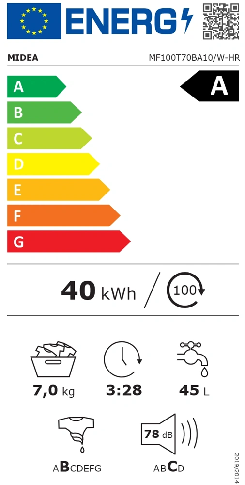 Midea MF100T70BA10/W-HR fehér, felültöltős, max.1200ford., 7 kg, mosógép
