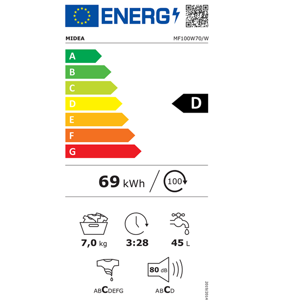 Midea MF100W70/W-HU fehér, elöltöltős, keskeny, max.1200ford., 7 kg, mosógép (Újszerű)