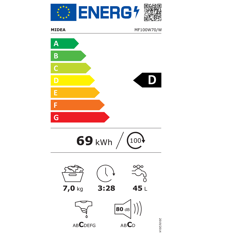 Midea MF100W70/W-HU fehér, elöltöltős, keskeny, max.1200ford., 7 kg, mosógép (Újszerű)