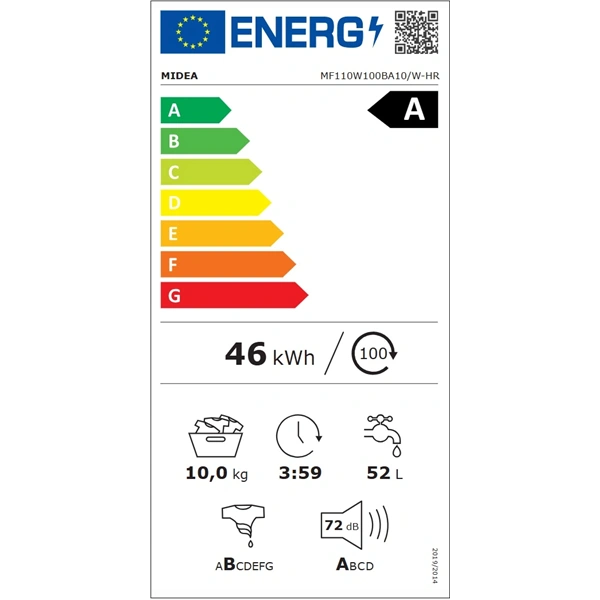 Midea MF110W100BA10/W-HR fehér,elöltöltős, max.1400ford., 10kg, mosógép