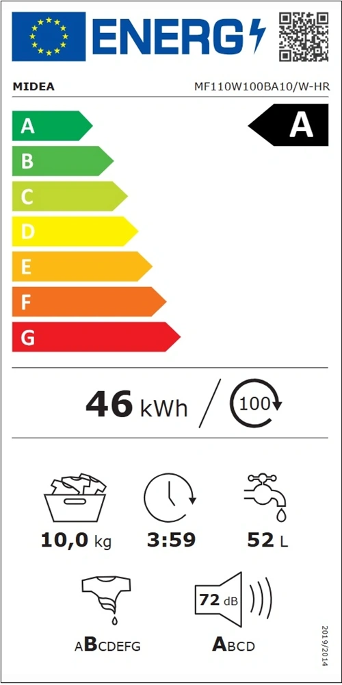 Midea MF110W100BA10/W-HR fehér,elöltöltős, max.1400ford., 10kg, mosógép