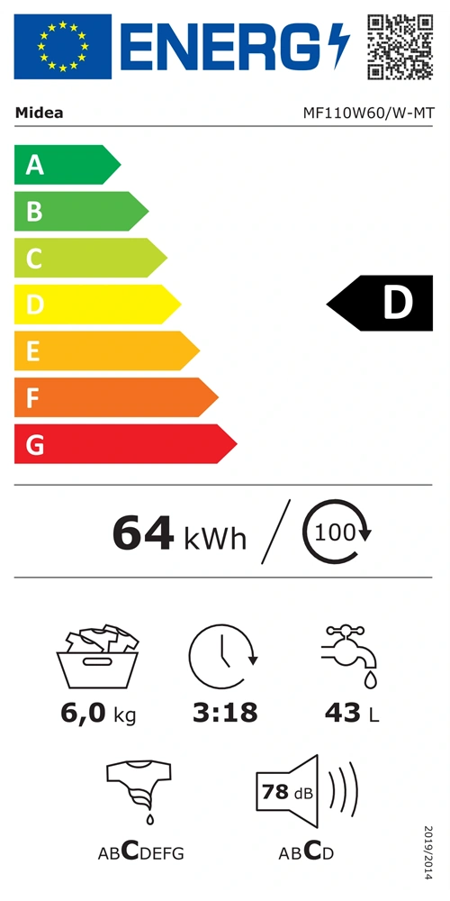 Midea MF110W60/W-HR fehér,elöltöltős, max.1000ford., 6kg, mosógép (Újszerű)