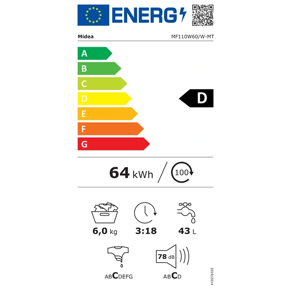 Midea MF110W60/W-HR fehér,elöltöltős, max.1000ford., 6kg, mosógép