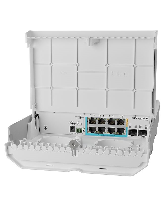 MikroTik netPower Lite 7R 8xGbE LAN 2xSFP+ port kültéri switch (7x Reverse PoE-in, 1xPoE-out)