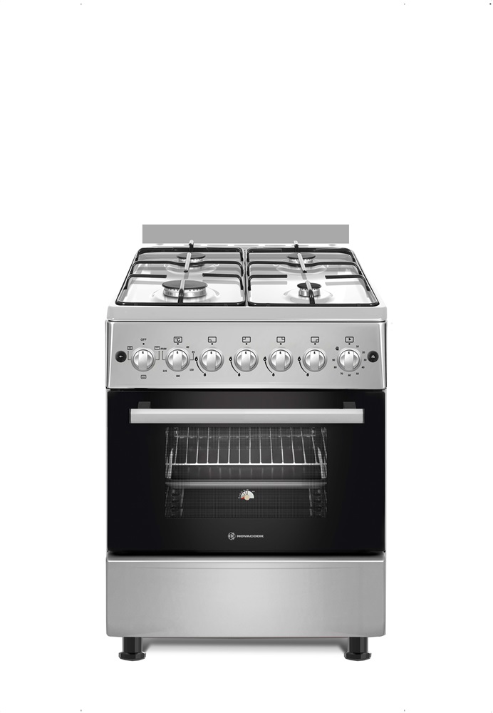 Novacook F6B40EF INX inox, szabadonálló, gáz, kombinált, főzőzóna: 4, sütő:66L, grill, tűzhely