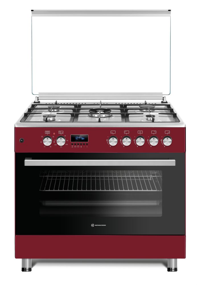 Novacook F9S50E6-RD Exclusive Line 90 meggypiros, szabadonálló, gáz, kombinált, főzőzóna: 5, sütő:110L, grill, tűzhely