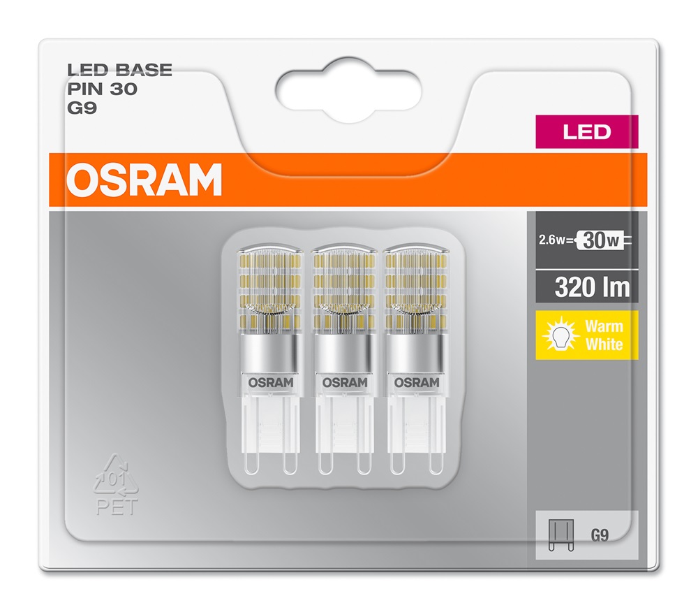 Osram Base műanyag ház/2,6W/320lm/2700K/G9 LED kapszula 3 db