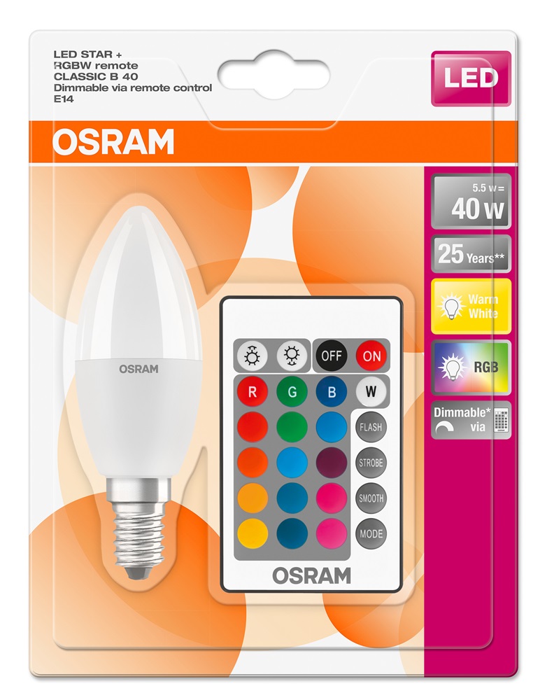 Osram Star+ RGBW/matt búra/5,5W/470lm/2700K/E14 távirányítható LED gyertya izzó