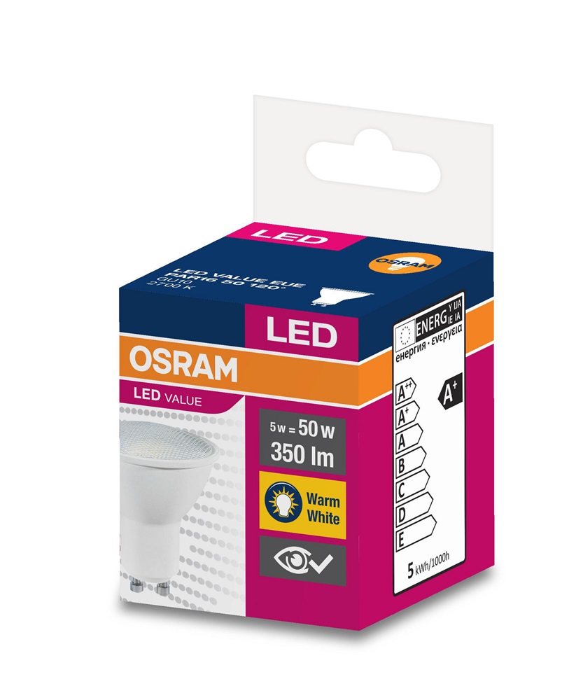 Osram Value PAR16 műanyag ház/5W/350lm/2700K/GU10/230V/120fok/70lm/W LED spot izzó