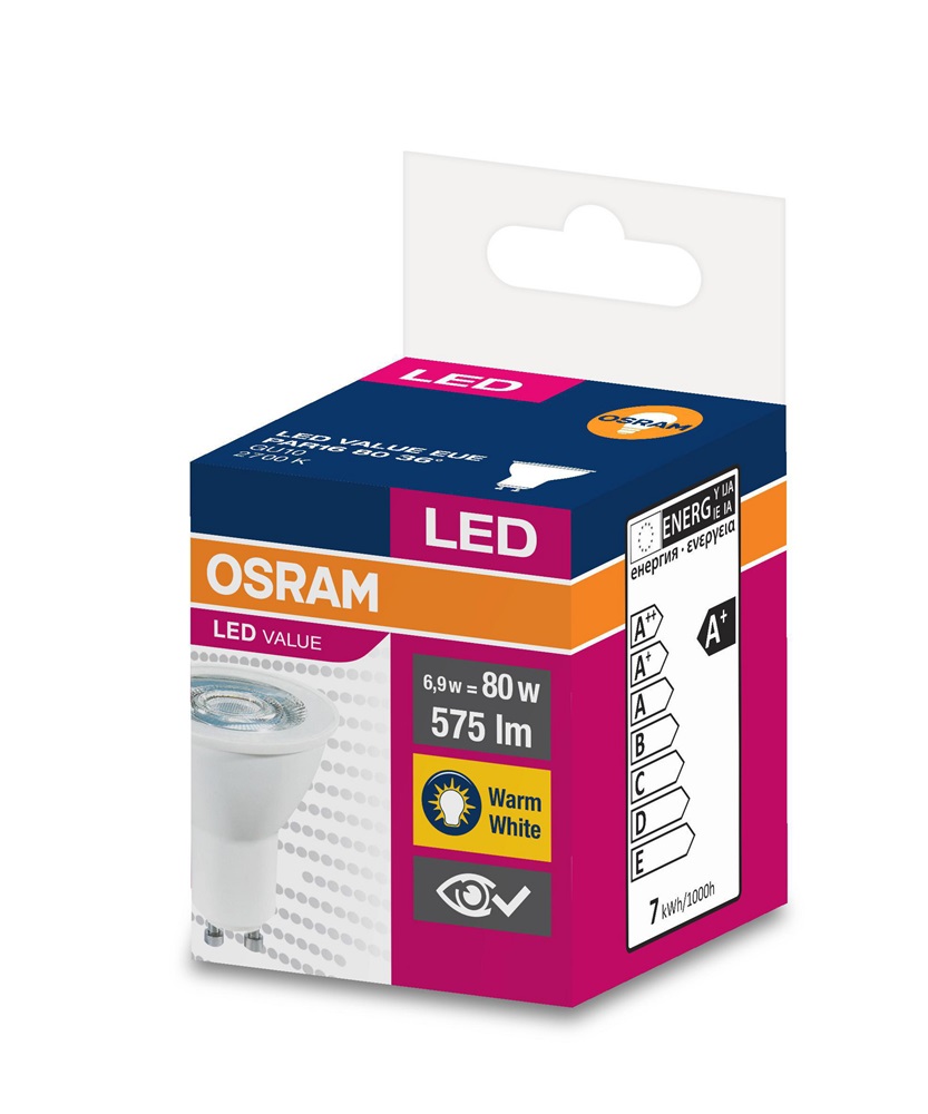 Osram Value PAR16 műanyag ház/6,9W/575lm/2700K/GU10/230V/36fok/83lm/W LED spot izzó