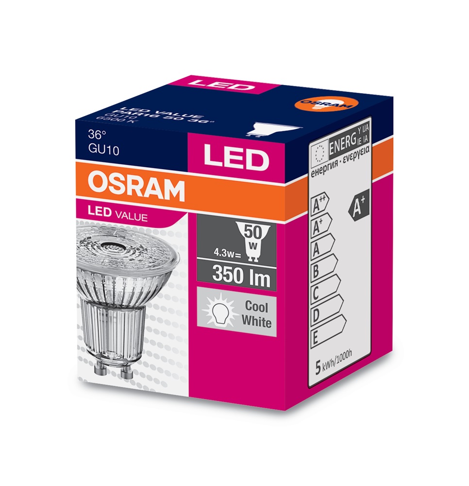 Osram Value PAR16 üveg ház/4,3W/350lm/6500K/GU10/230V LED spot izzó