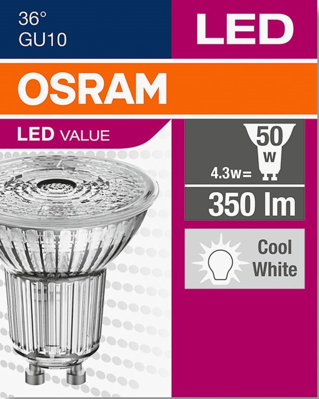 Osram Value PAR16 üveg ház/4,3W/350lm/6500K/GU10/230V LED spot izzó