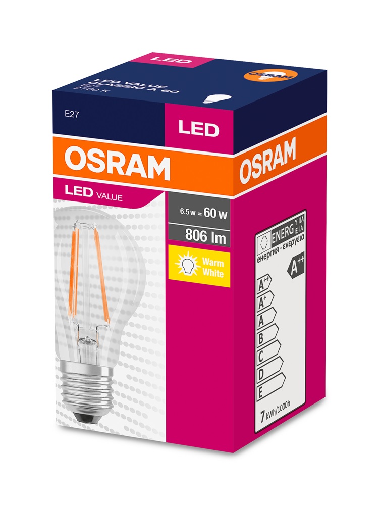 Osram Value átlátszó üveg búra/7W/806lm/2700K/E27 LED körte izzó