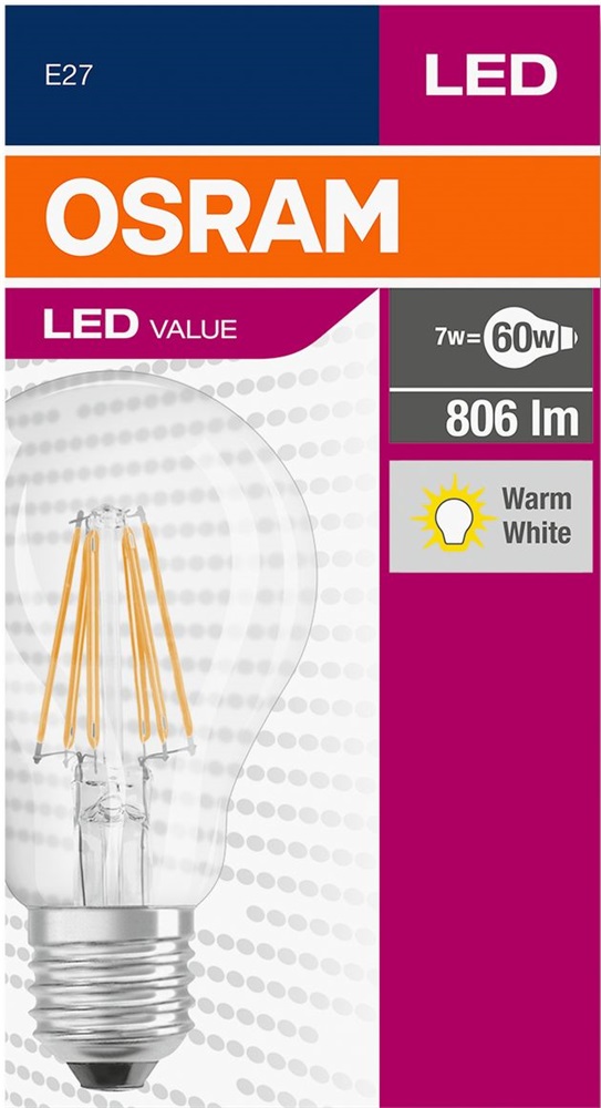 Osram Value átlátszó üveg búra/7W/806lm/2700K/E27 LED körte izzó
