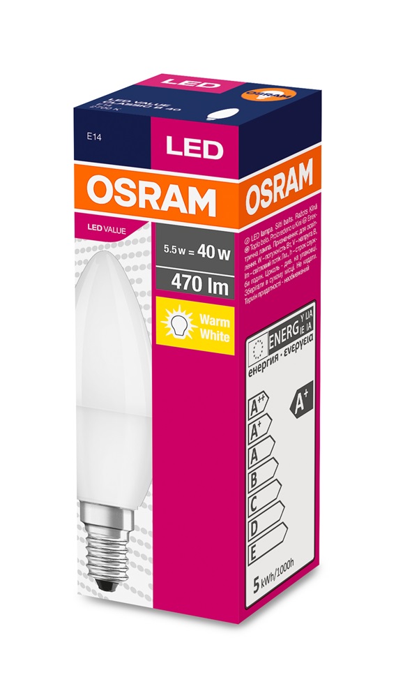 Osram Value opál búra/5,5W/470lm/2700K/E14 LED gyertya izzó